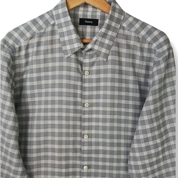 Theory SZ L Men's Zack_Bowrey Gray/White Check Linen Blend Shirt - Picture 3 of 7